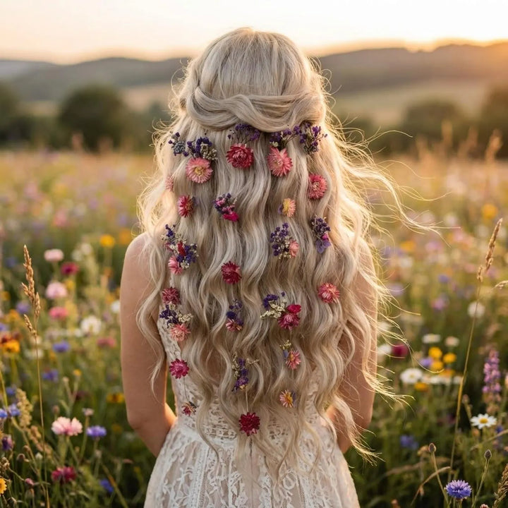 Wildflower Meadow Dried Bridal Set – Bouquet, Flower waterfall, Crown, Boutonniere and Hair Pins | Lavender & Dusty Rose Wedding – handmade floral hair accessory by magaela