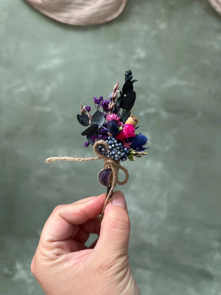 Wildflower Meadow Dried Bridal Set – Bouquet, Flower waterfall, Crown, Boutonniere and Hair Pins | Lavender & Dusty Rose Wedding – handmade floral hair accessory by magaela