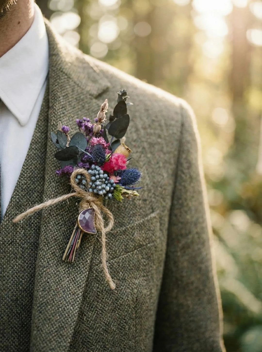 Wildflower Meadow Dried Bridal Set – Bouquet, Flower waterfall, Crown, Boutonniere and Hair Pins | Lavender & Dusty Rose Wedding – handmade floral hair accessory by magaela