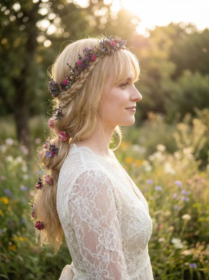 Wildflower Meadow Dried Bridal Set – Bouquet, Flower waterfall, Crown, Boutonniere and Hair Pins | Lavender & Dusty Rose Wedding – handmade floral hair accessory by magaela