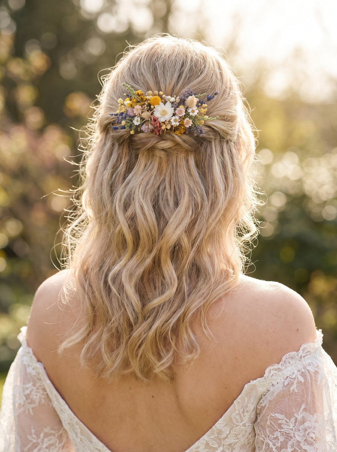 Bride with blonde hair with floral meadow hair comb styled in an updo, wearing a lace top outdoors.