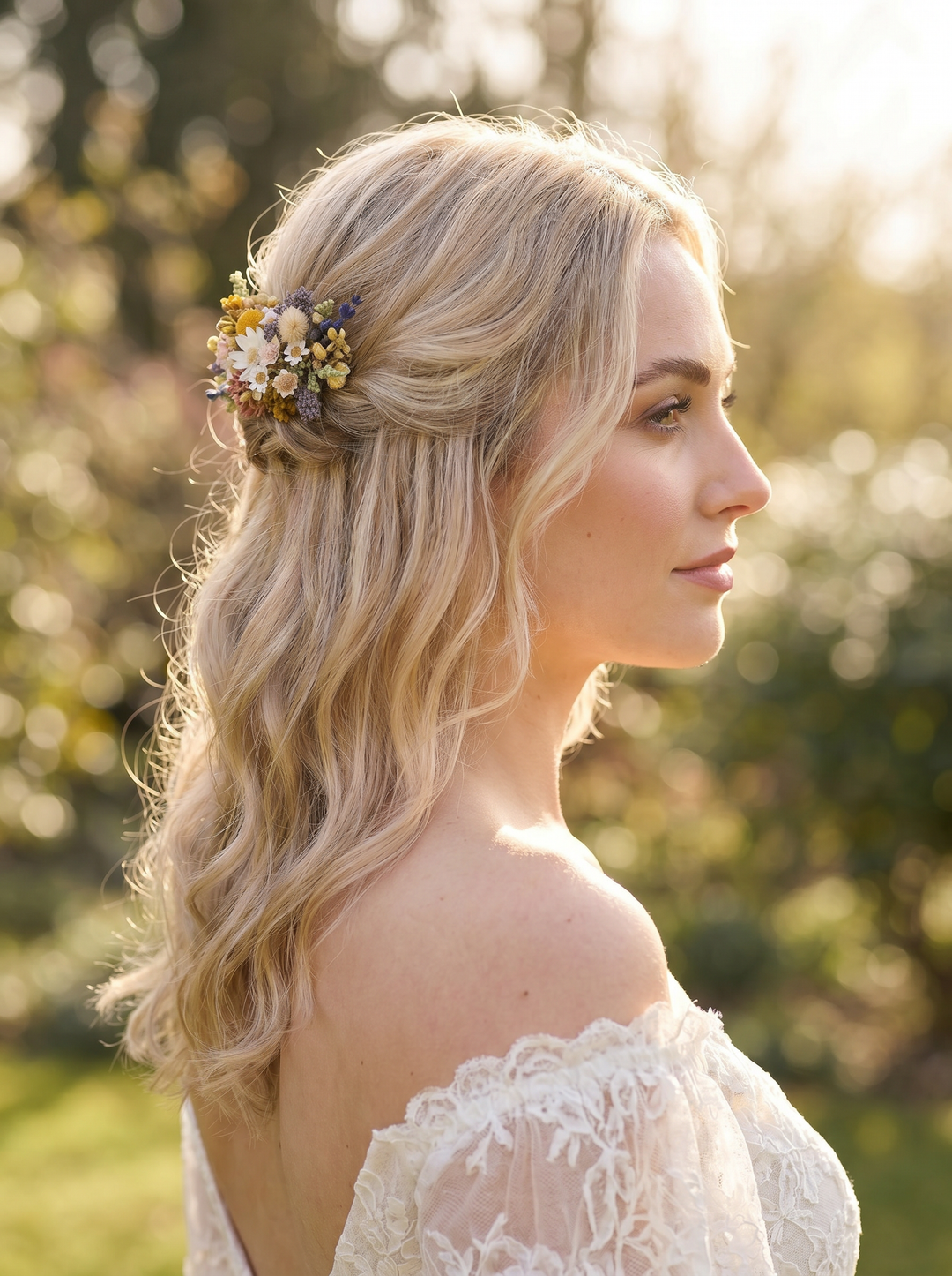 Woman with styled hair featuring flowers outdoors
