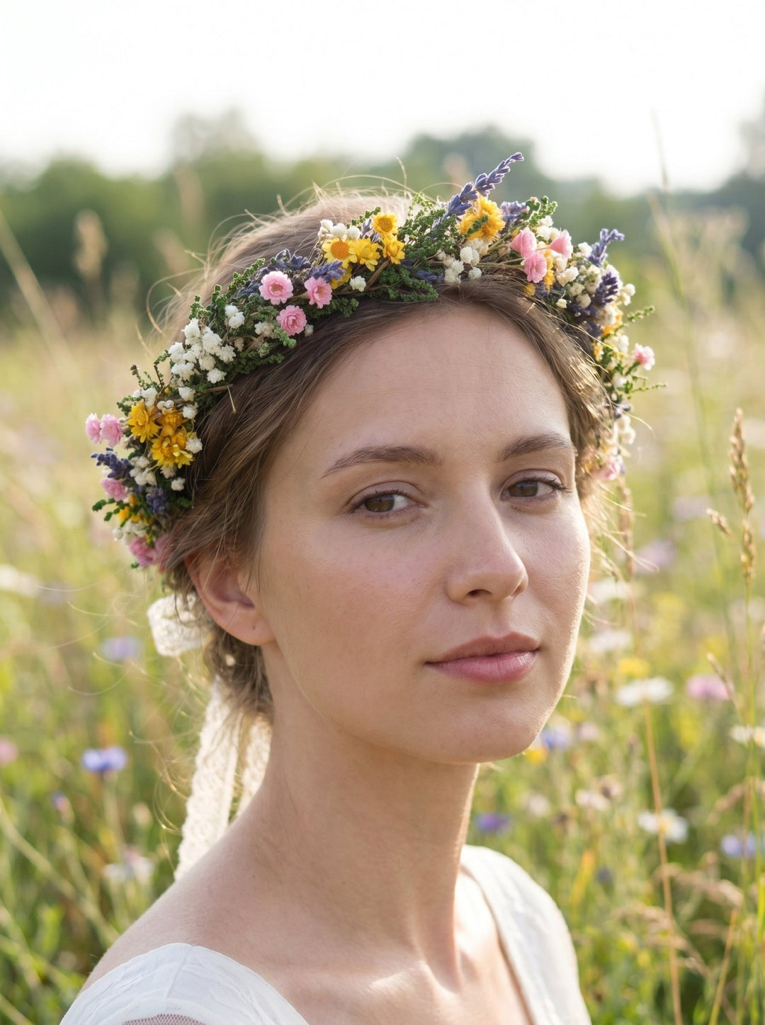 Meadowy Flower Half Wreath: Cottagecore Bridal Hair Accessory – handmade floral hair accessory by magaela