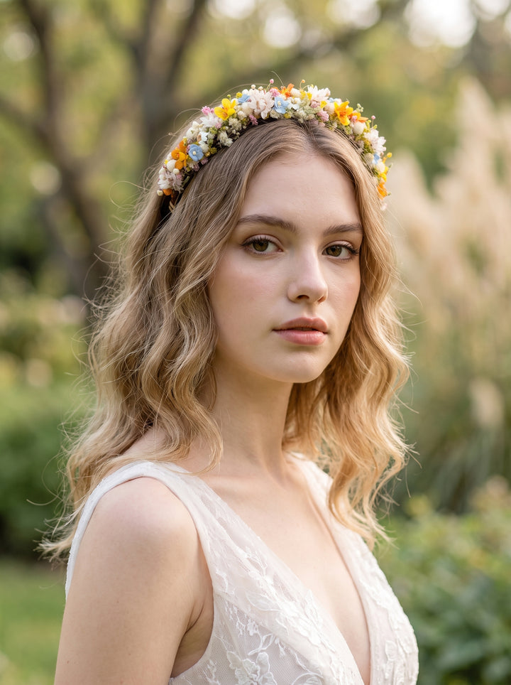 A woman outdoors wearing a delicate floral crown with small yellow, orange, blue, and white flowers, paired with a white lace dress.
