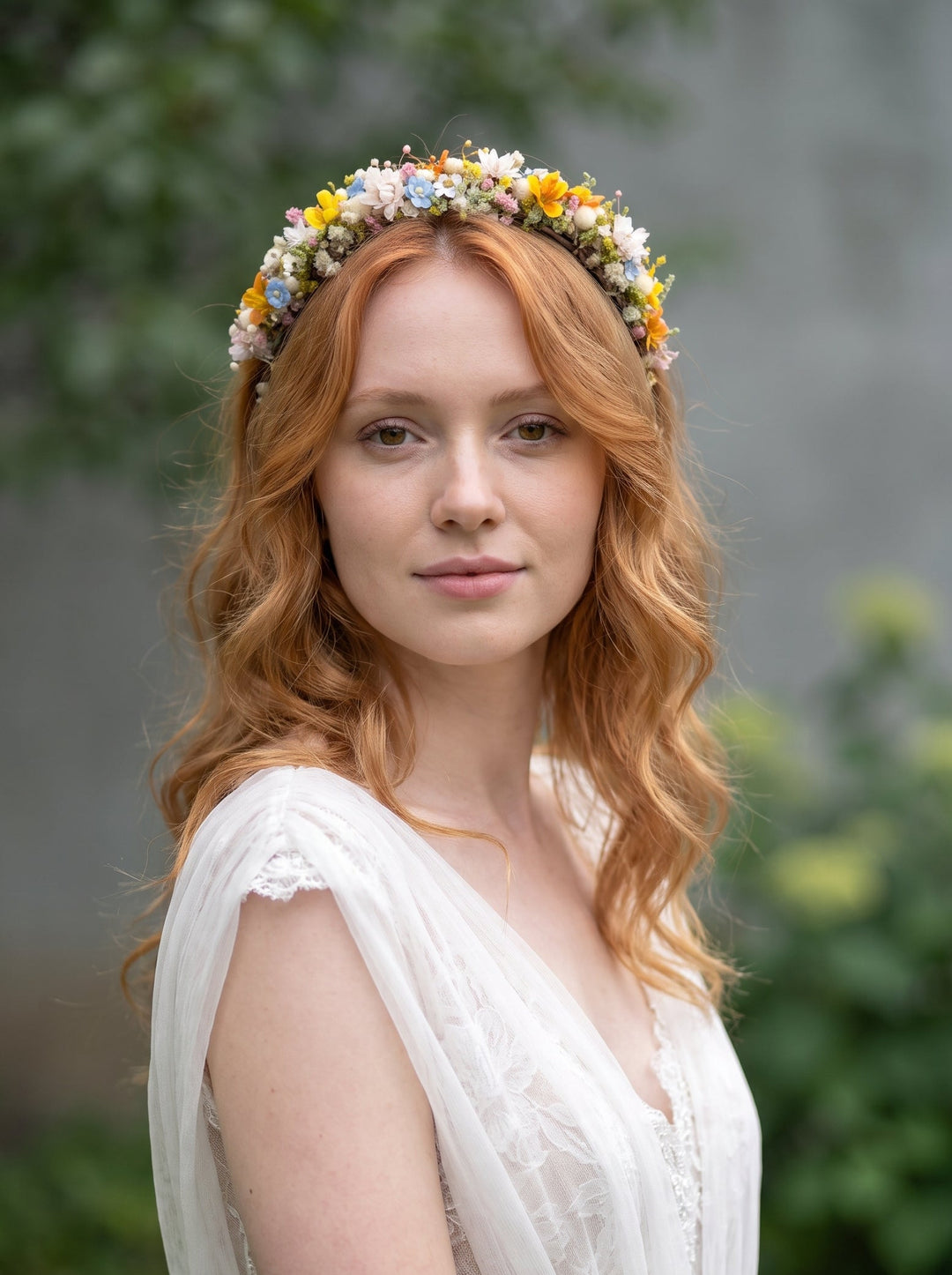 A woman with wavy red hair wearing a delicate wildflower crown and a white lace dress, photographed outdoors against a soft, blurred green and gray background.
