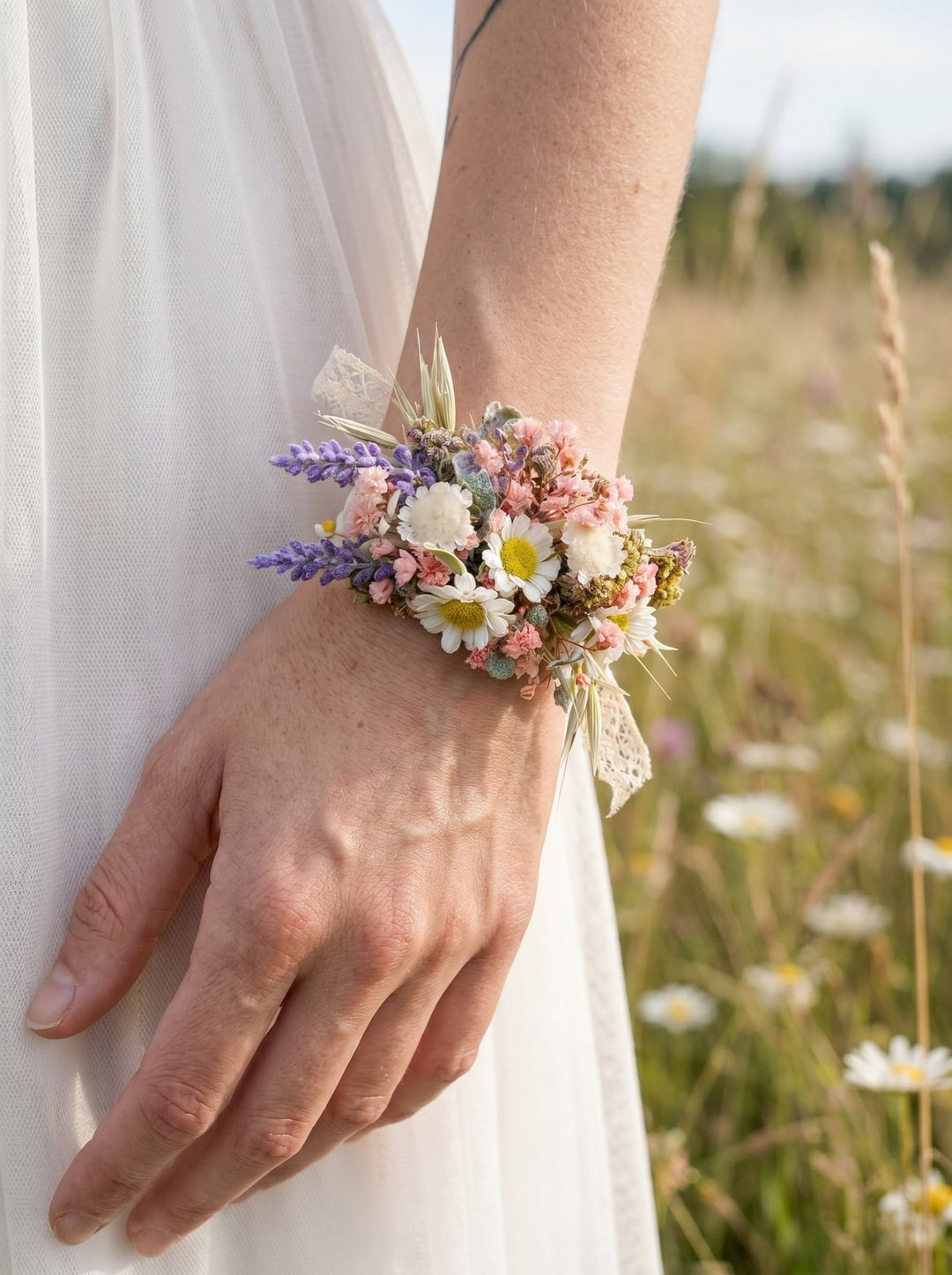 Wildflower Bracelet: Daisy Lavender Wedding Wrist Corsage – handmade floral hair accessory by magaela