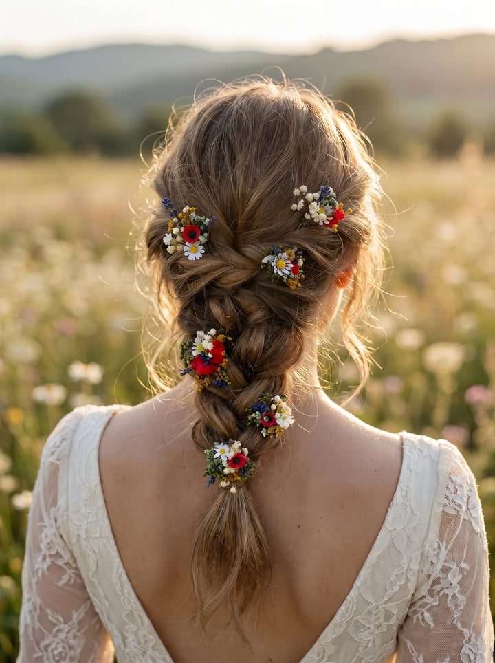 Bride with braided hair adorned with flowers in a field