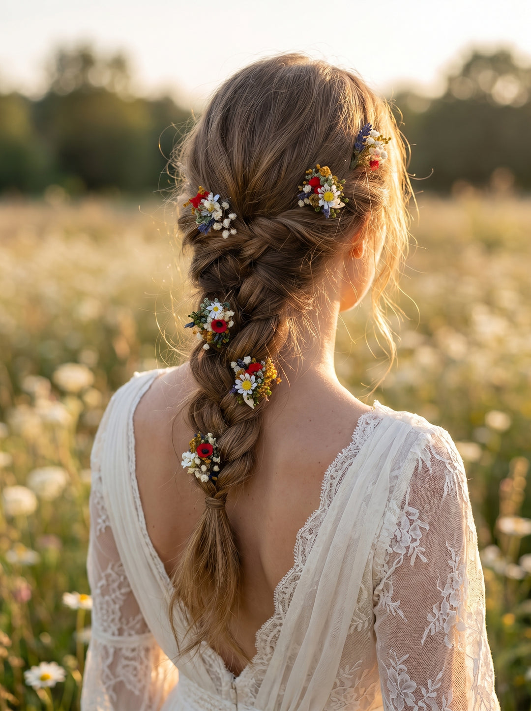 Bride with braided hair adorned with flowers in a field