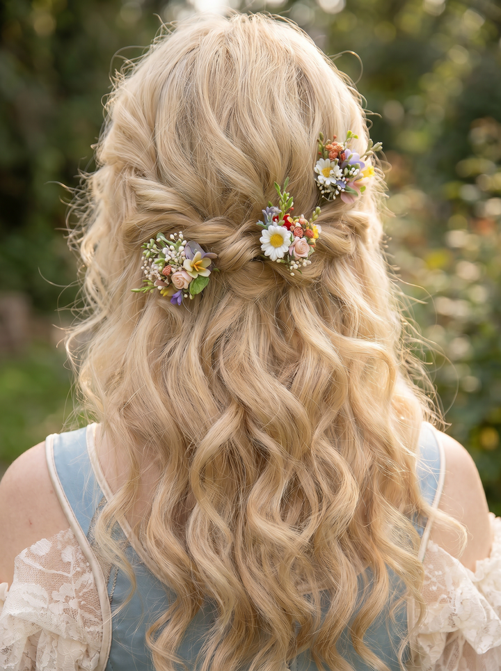 Blonde hair with floral hair accessories with wild flowers and pastel tones  against a blurred natural background