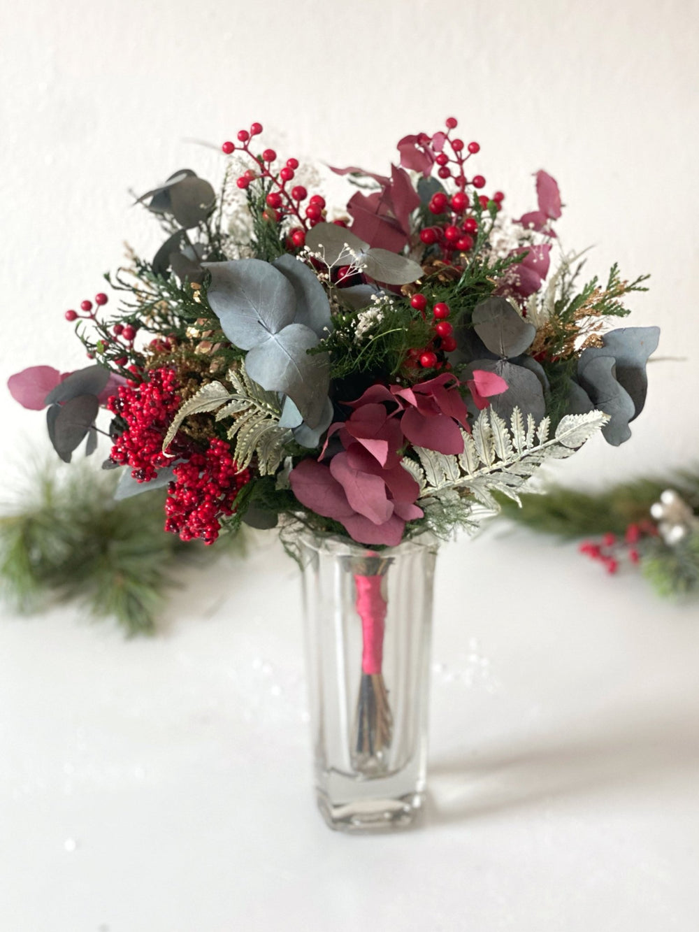 Winter Berry and Eucalyptus Bouquet | Christmas and Wedding Decor – handmade floral hair accessory by magaela