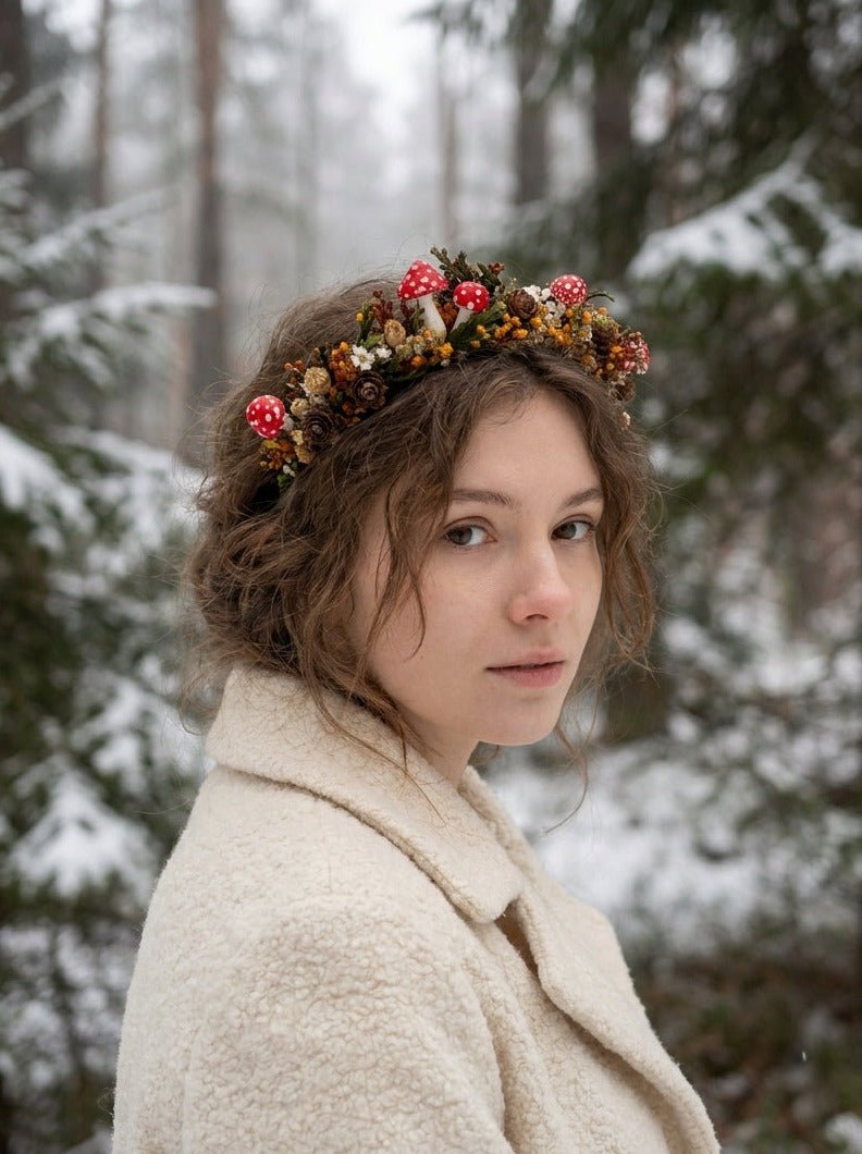 Christmas Woodland Mushroom Headband | Winter Wedding Crown – handmade floral hair accessory by magaela
