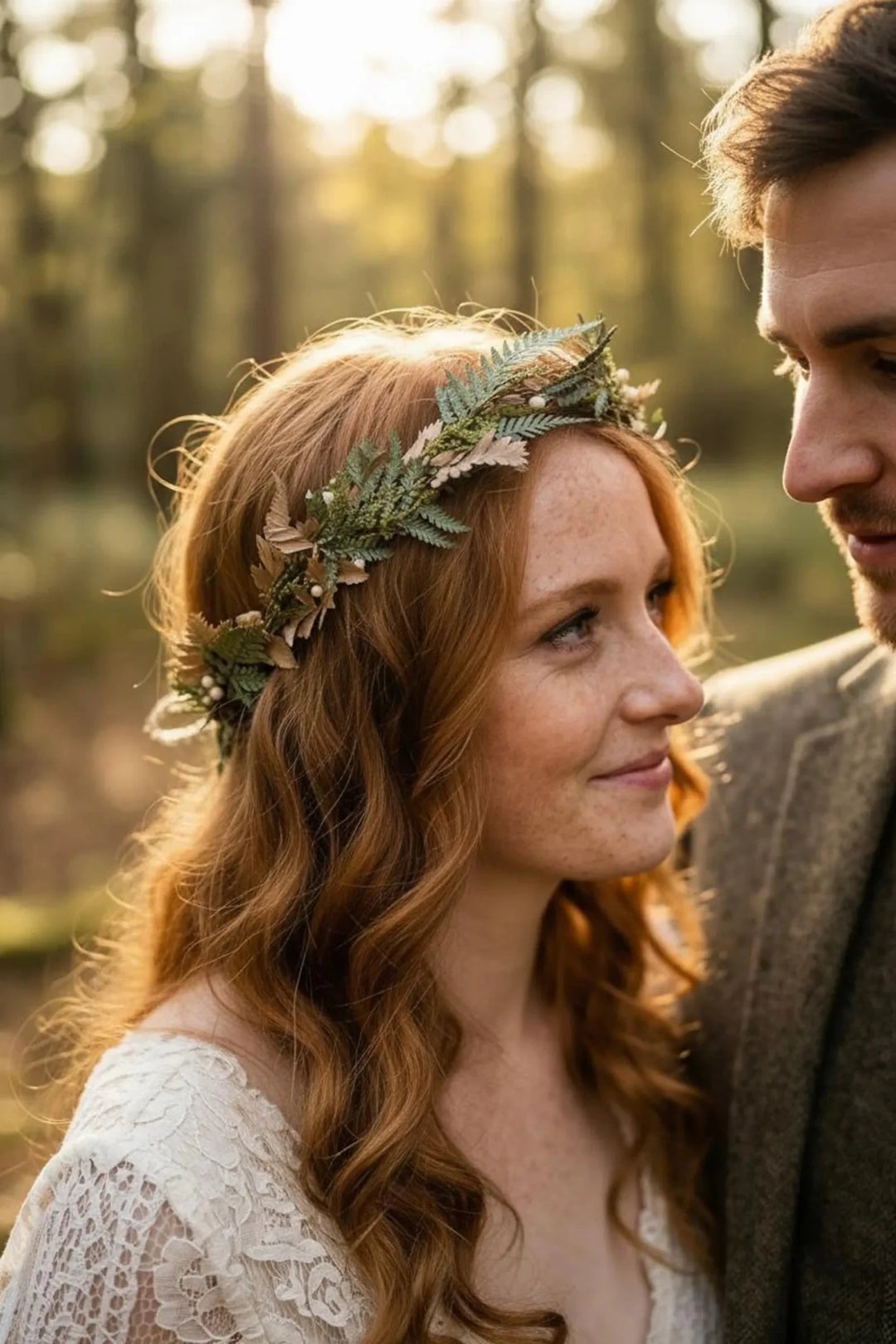 Green Fern Wedding Hair Crown: Bronze Flower Woodland Wreath – handmade floral hair accessory by magaela