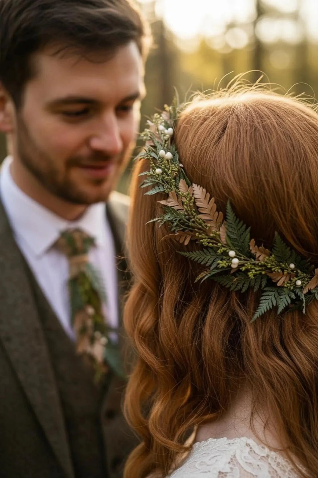 Green Fern Wedding Hair Crown: Bronze Flower Woodland Wreath – handmade floral hair accessory by magaela