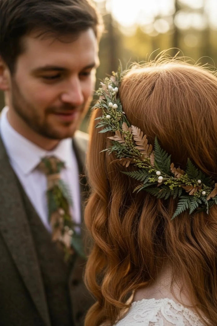 Green Fern Wedding Hair Crown: Bronze Flower Woodland Wreath – handmade floral hair accessory by magaela