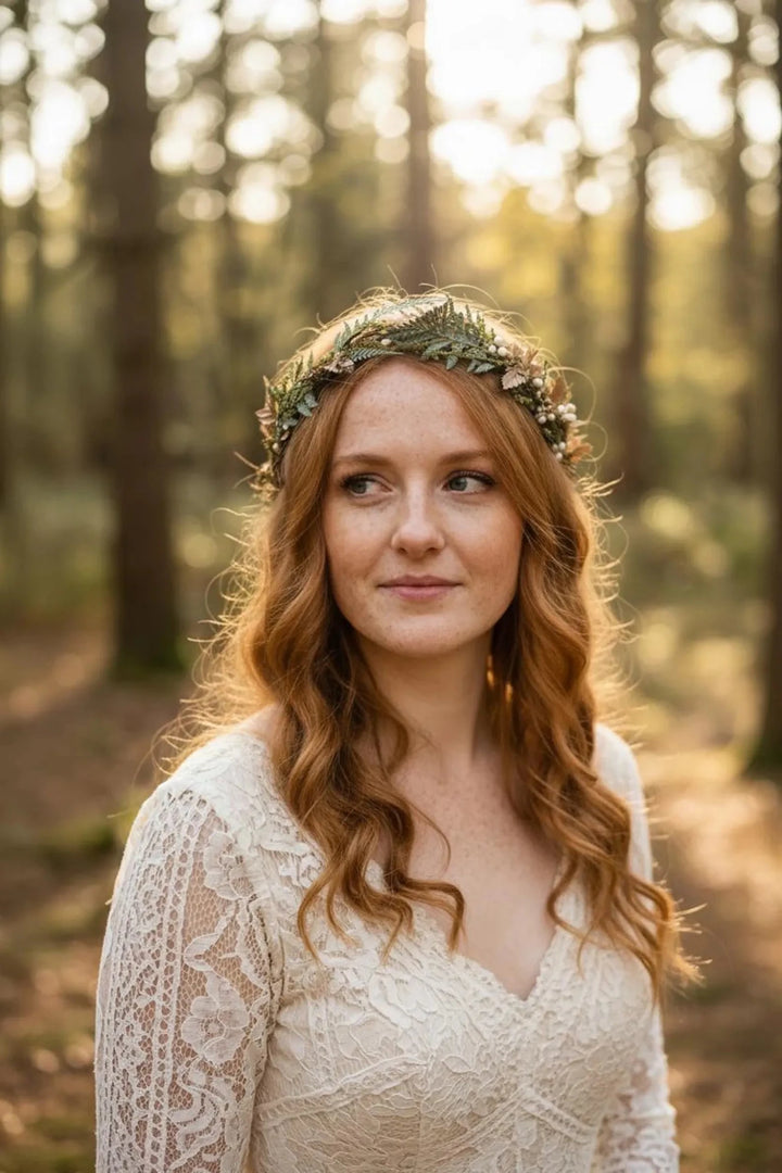 Green Fern Wedding Hair Crown: Bronze Flower Woodland Wreath – handmade floral hair accessory by magaela