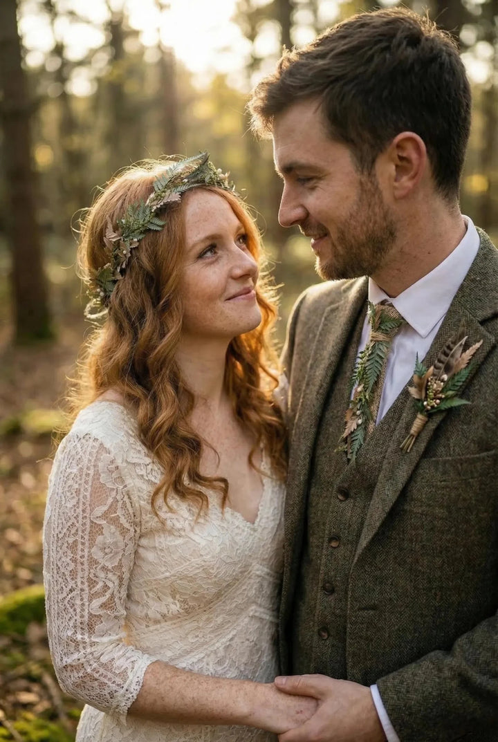 Green Fern Wedding Hair Crown: Bronze Flower Woodland Wreath – handmade floral hair accessory by magaela