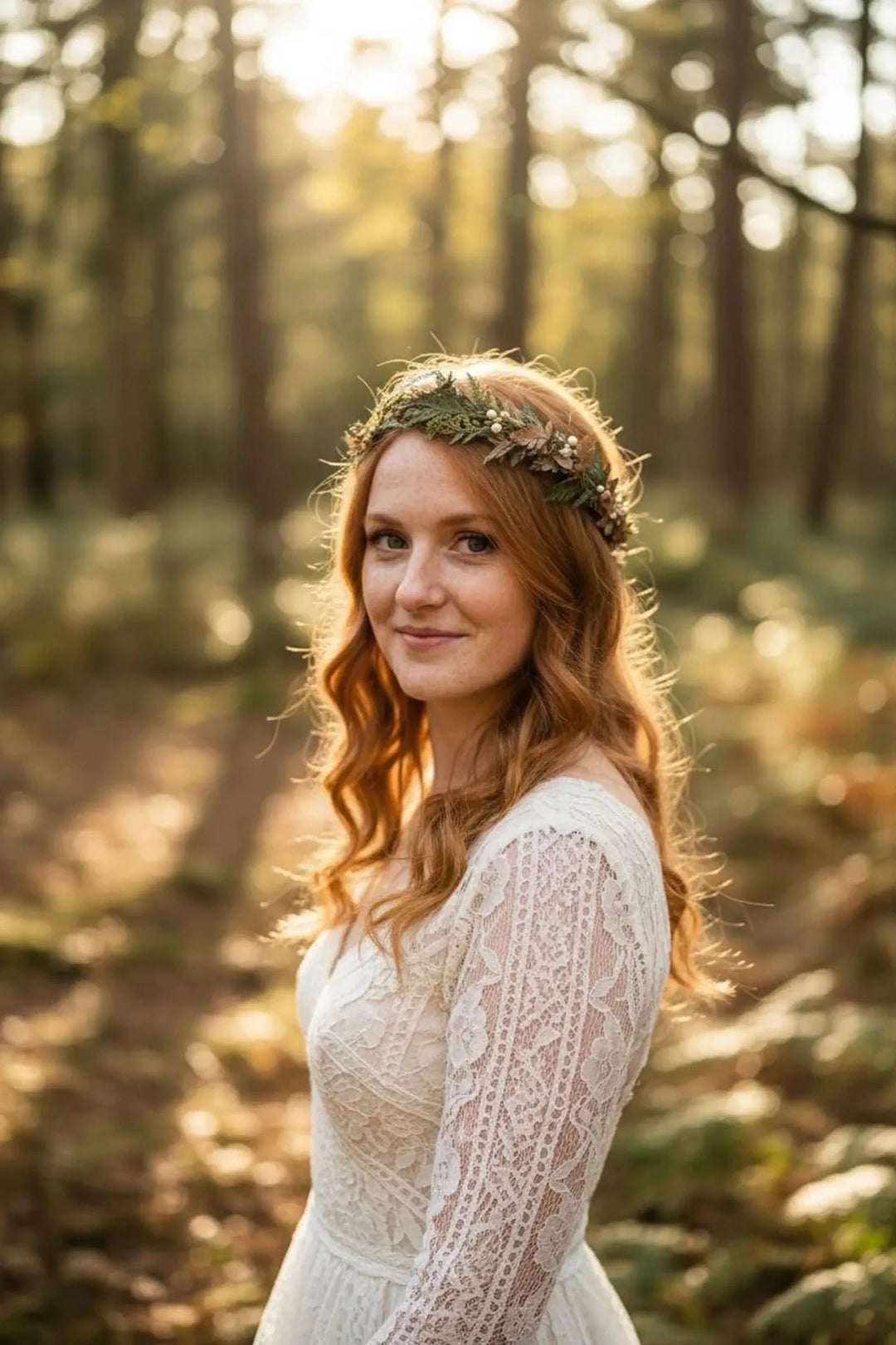 Green Fern Wedding Hair Crown: Bronze Flower Woodland Wreath – handmade floral hair accessory by magaela