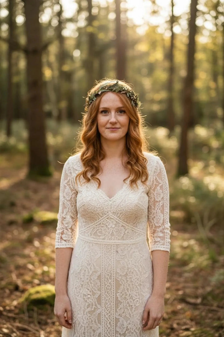 Green Fern Wedding Hair Crown: Bronze Flower Woodland Wreath – handmade floral hair accessory by magaela