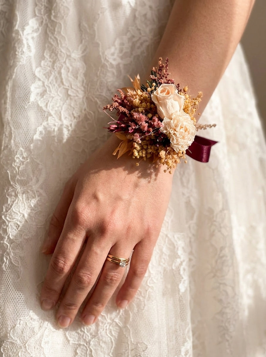 A close-up of a person's hand and wrist wearing a dried floral wrist corsage with cream, pink, and burgundy tones, set against a white lace wedding dress.