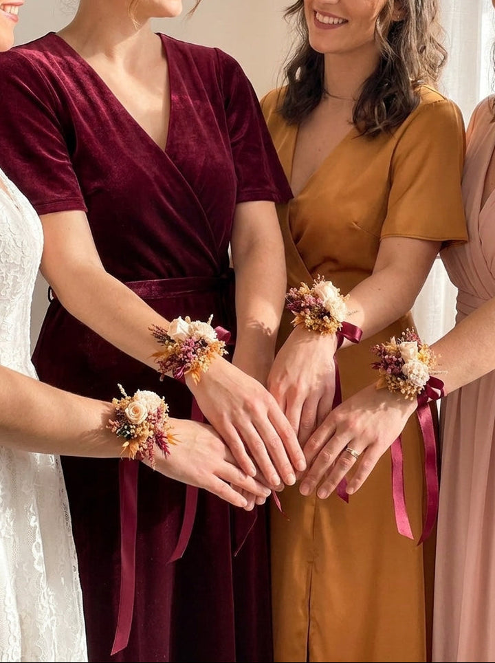 Four women standing together indoors, wearing matching bridesmaid-style dresses in white, deep burgundy velvet, mustard yellow, and blush pink. Each woman has a floral wrist corsage with a ribbon.