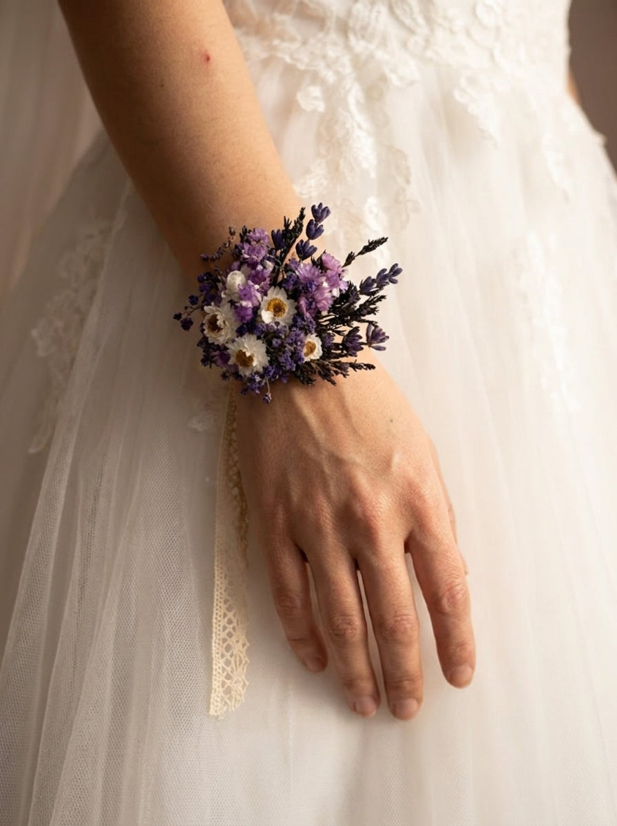 A close-up of a bride's hand and wrist wearing a small floral wrist corsage with purple, lavender, and white flowers, set against her white lace wedding dress.