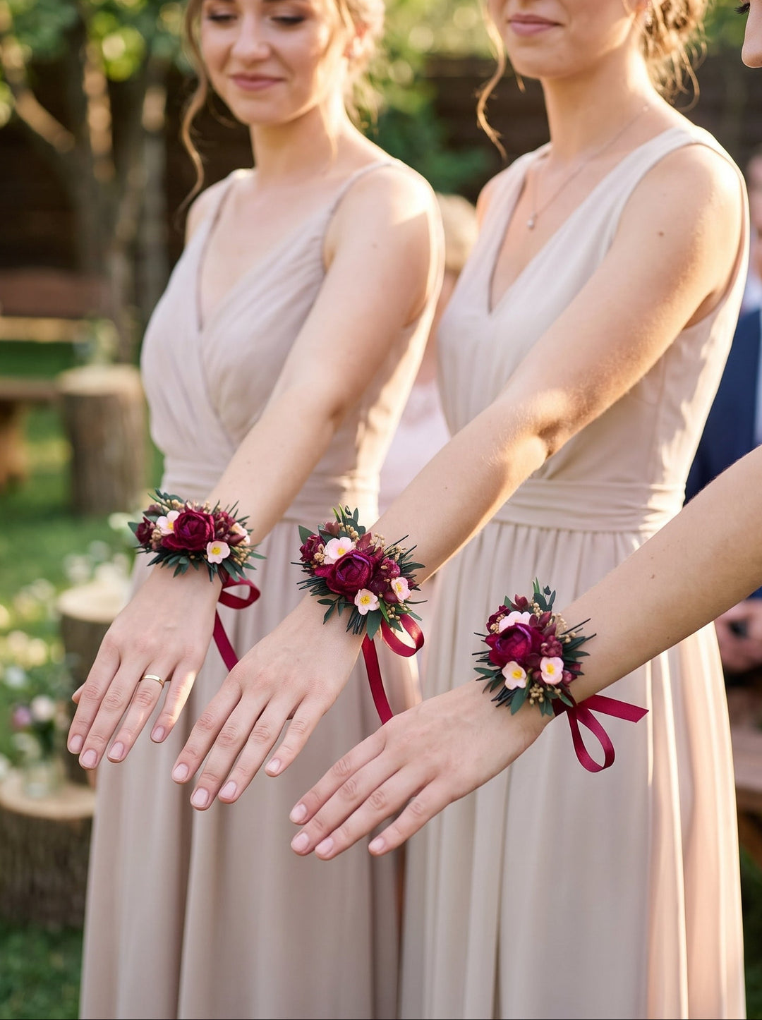 Three bridesmaids in matching sleeveless champagne-beige wedding dresses stand outdoors at a ceremony, wearing matching wrist corsages with burgundy ribbons and burgundy, cream, and green floral details.