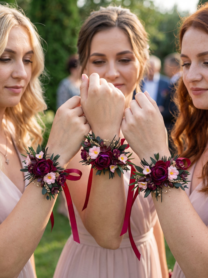 Three bridesmaids outdoors wearing matching floral wrist corsages with burgundy roses, green foliage, and red ribbons, paired with blush pink dresses.