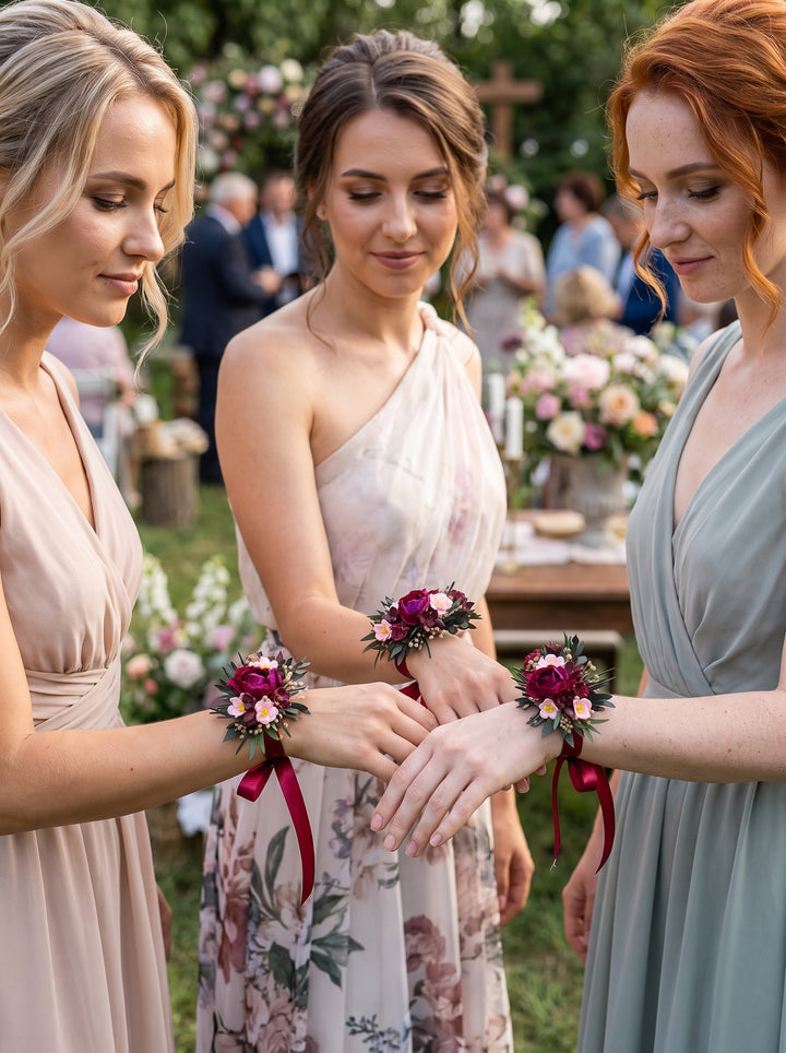 Three bridesmaids in coordinated wedding dresses stand together outdoors at a garden reception, each wearing a matching floral wrist corsage with a ribbon. The center bridesmaid wears a pale floral one-shoulder dress, while the bridesmaids on the left and right wear blush and sage green dresses respectively.