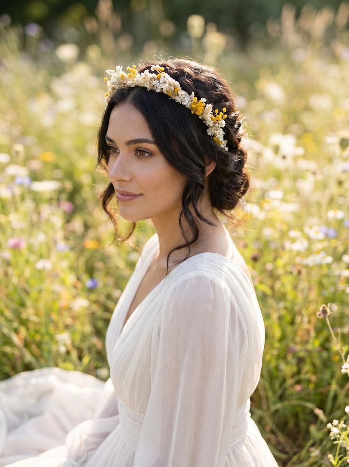 Woman in a white dress with a floral dried crown in a field of wildflowers