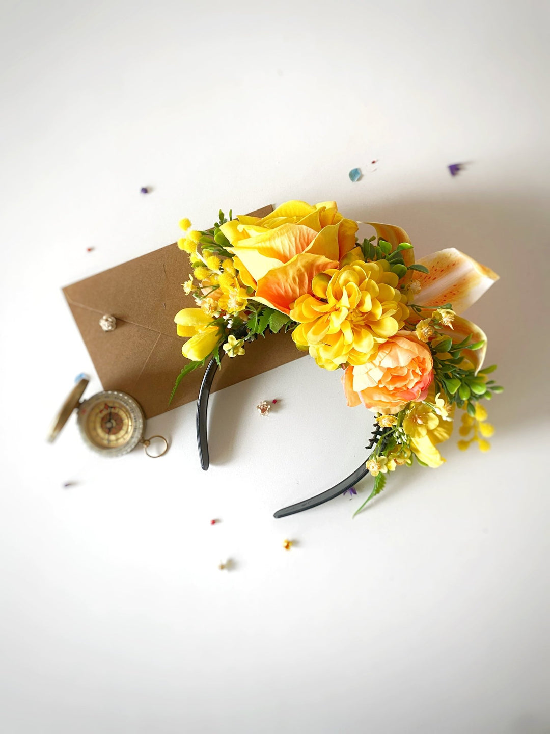 Orange and yellow flower crown: Frida headband with lily flower – handmade floral hair accessory by magaela