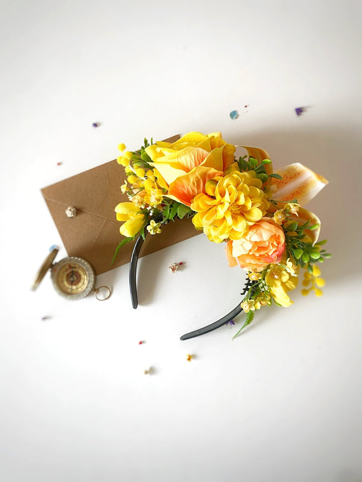 Orange and yellow flower crown: Frida headband with lily flower – handmade floral hair accessory by magaela