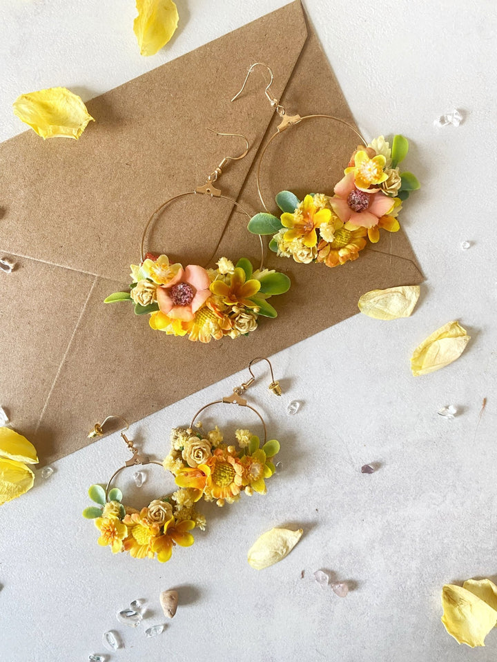 Yellow Floral Circle Earrings – Handmade Bridal Flower Earrings – handmade floral hair accessory by magaela