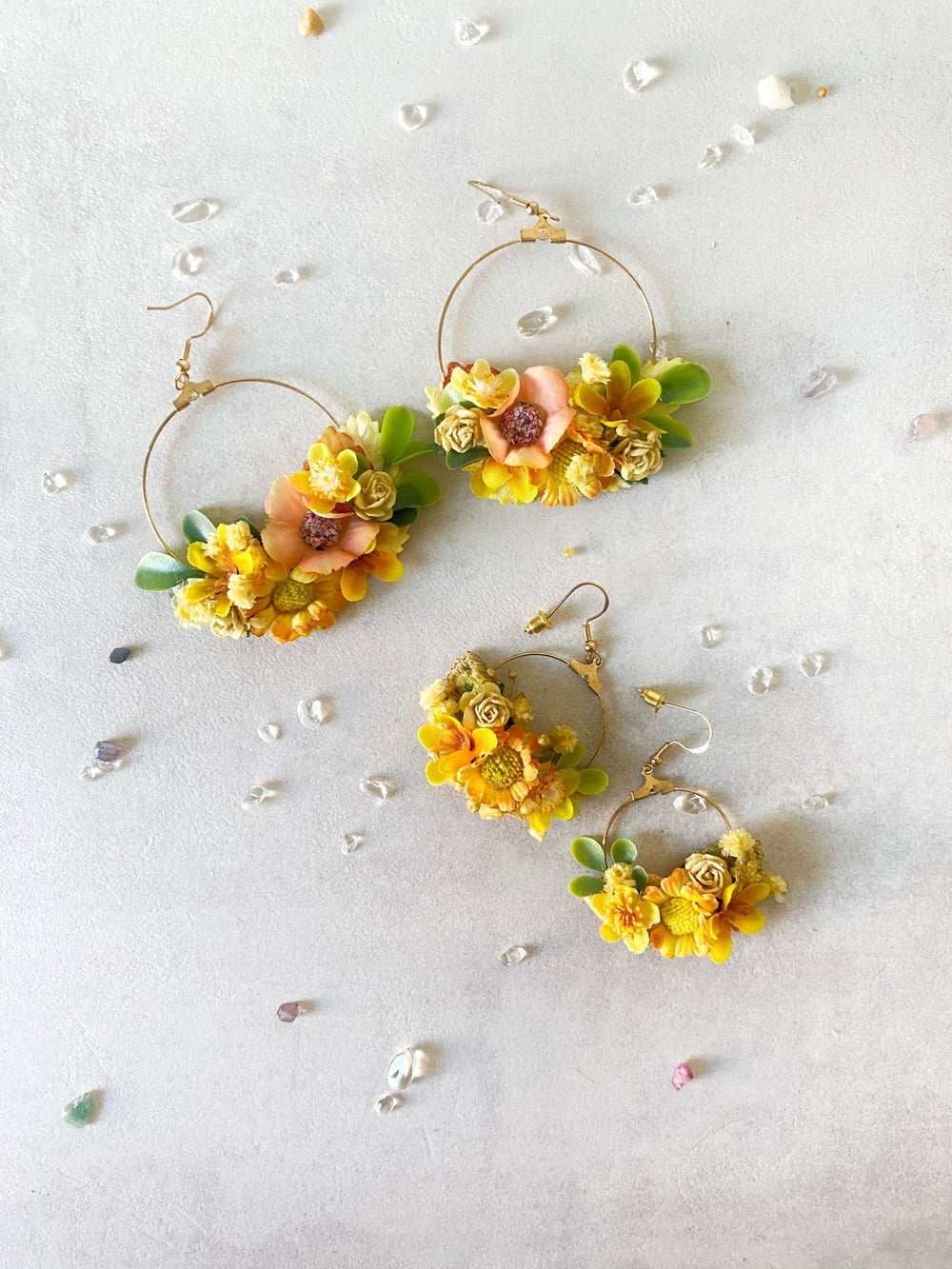 Yellow Floral Circle Earrings – Handmade Bridal Flower Earrings – handmade floral hair accessory by magaela