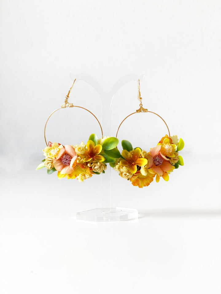 Yellow Floral Circle Earrings – Handmade Bridal Flower Earrings – handmade floral hair accessory by magaela