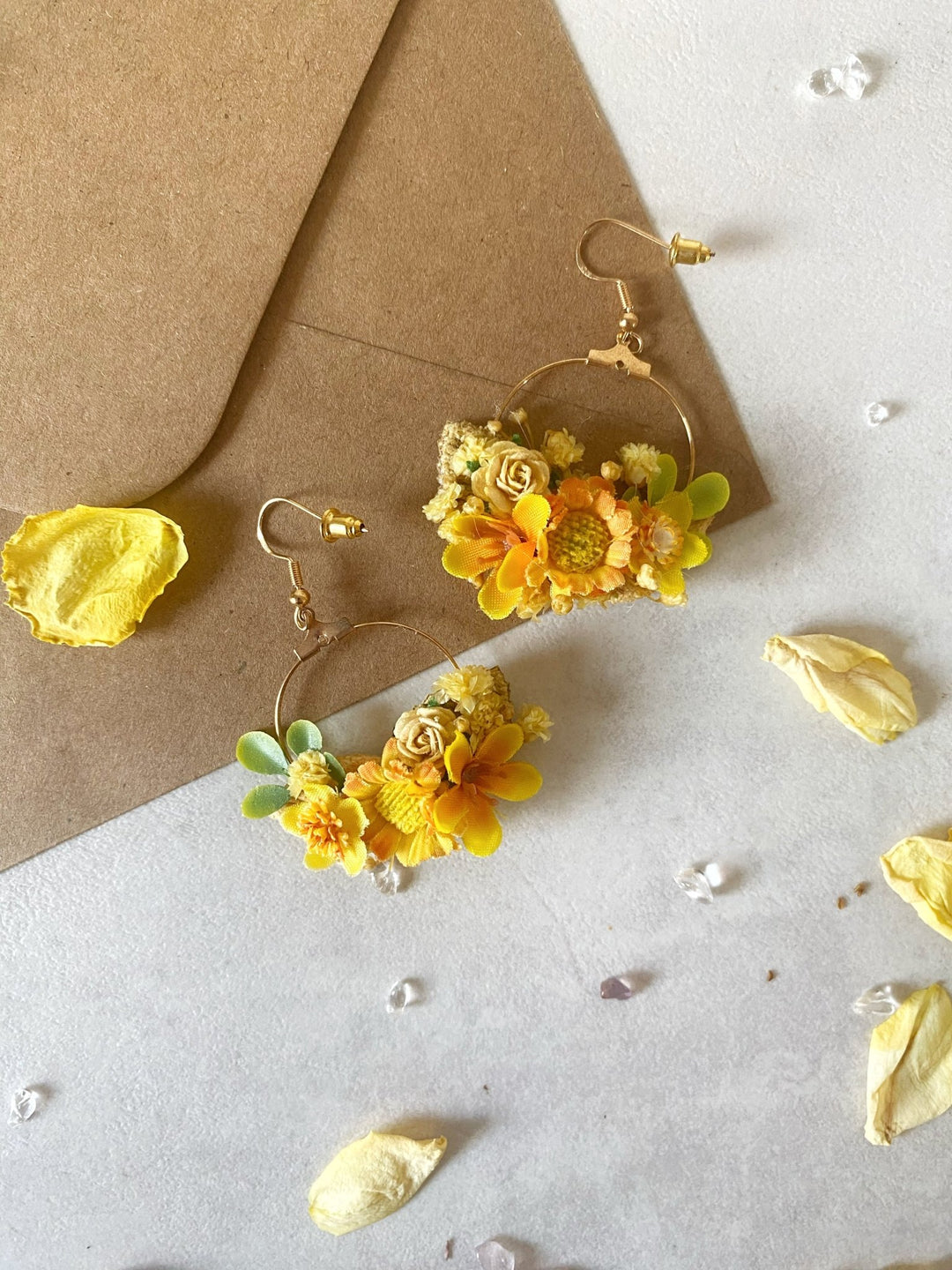 Yellow Floral Circle Earrings – Handmade Bridal Flower Earrings – handmade floral hair accessory by magaela