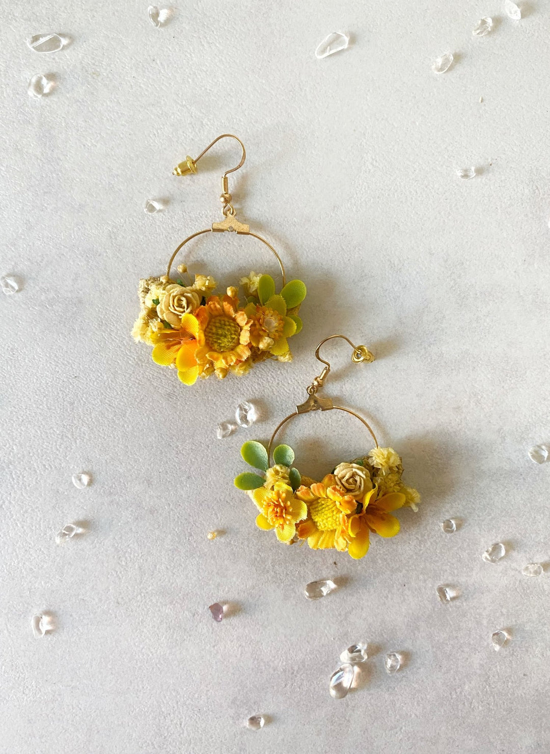 Yellow Floral Circle Earrings – Handmade Bridal Flower Earrings – handmade floral hair accessory by magaela