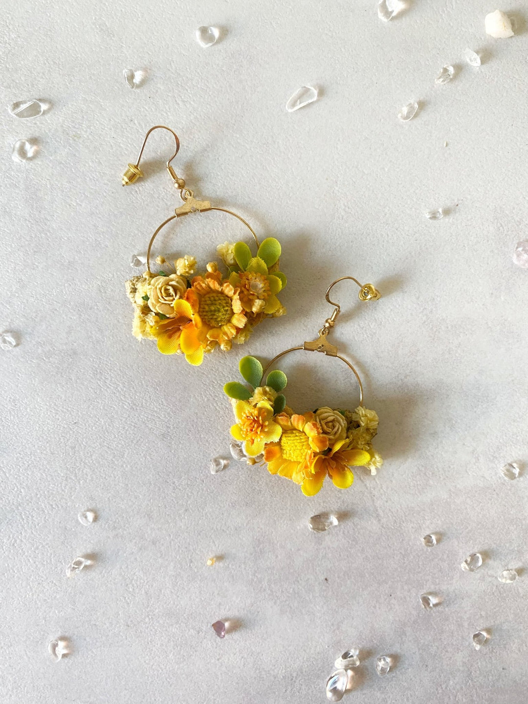Yellow Floral Circle Earrings – Handmade Bridal Flower Earrings – handmade floral hair accessory by magaela