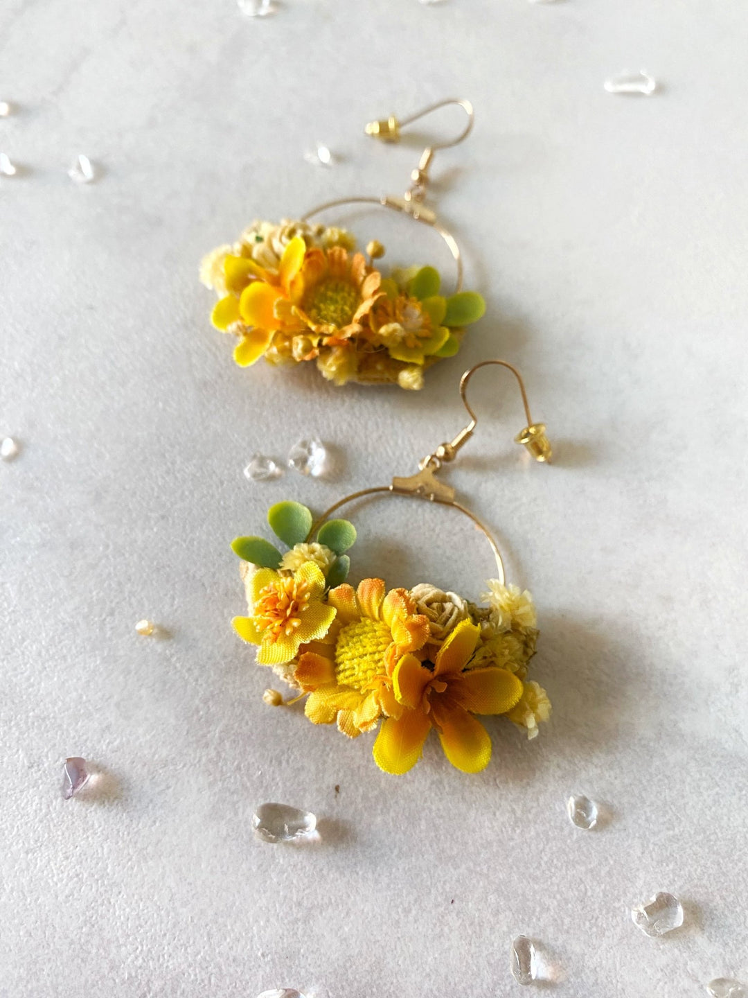 Yellow Floral Circle Earrings – Handmade Bridal Flower Earrings – handmade floral hair accessory by magaela