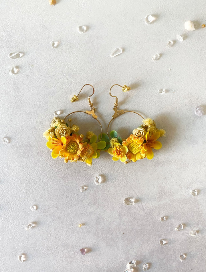 Yellow Floral Circle Earrings – Handmade Bridal Flower Earrings – handmade floral hair accessory by magaela