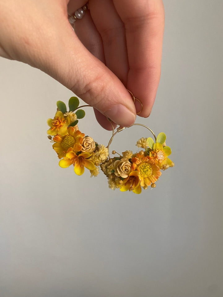 Yellow Floral Circle Earrings – Handmade Bridal Flower Earrings – handmade floral hair accessory by magaela
