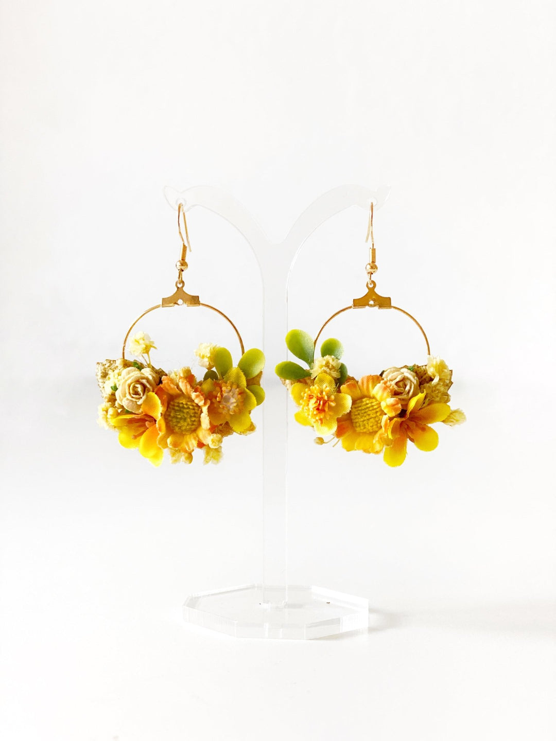 Yellow Floral Circle Earrings – Handmade Bridal Flower Earrings – handmade floral hair accessory by magaela