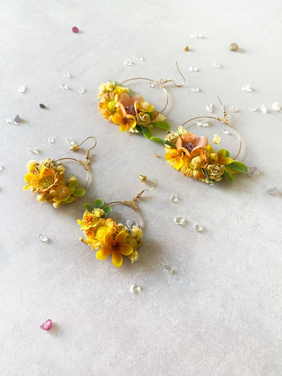 Yellow Floral Circle Earrings – Handmade Bridal Flower Earrings – handmade floral hair accessory by magaela