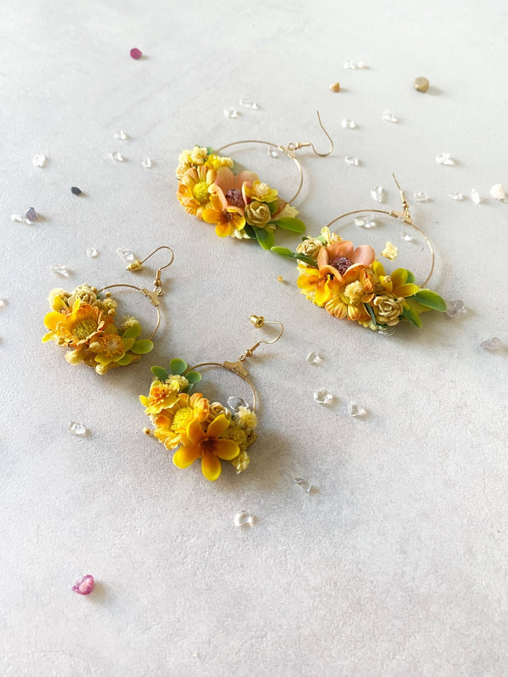 Yellow Floral Circle Earrings – Handmade Bridal Flower Earrings – handmade floral hair accessory by magaela