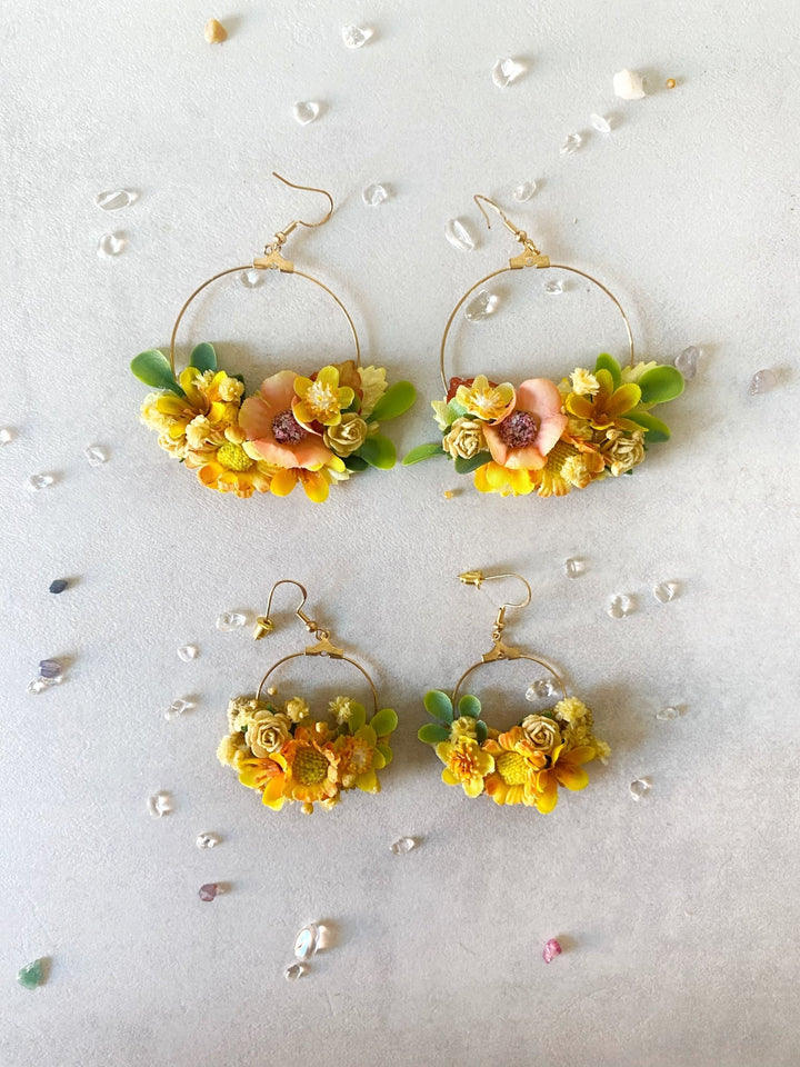 Yellow Floral Circle Earrings – Handmade Bridal Flower Earrings – handmade floral hair accessory by magaela