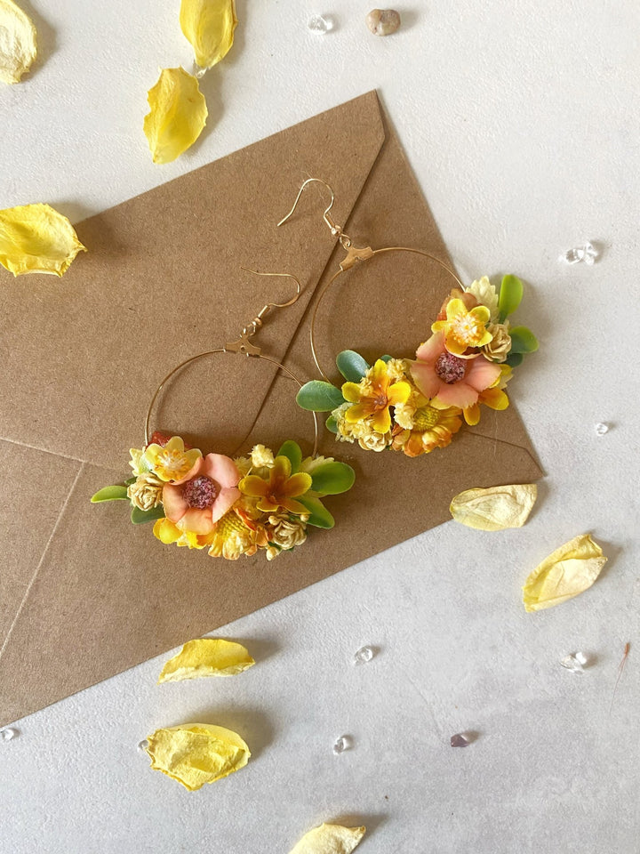Yellow Floral Circle Earrings – Handmade Bridal Flower Earrings – handmade floral hair accessory by magaela