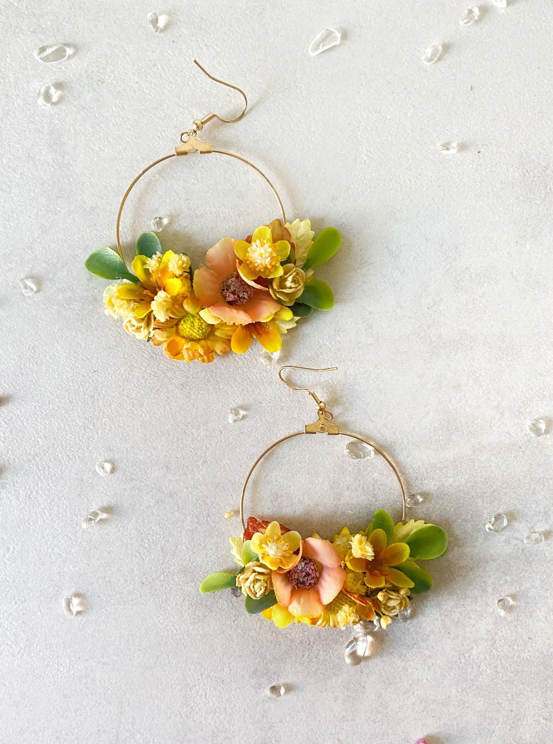 Yellow Floral Circle Earrings – Handmade Bridal Flower Earrings – handmade floral hair accessory by magaela