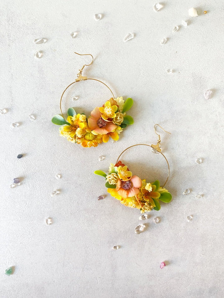 Yellow Floral Circle Earrings – Handmade Bridal Flower Earrings – handmade floral hair accessory by magaela