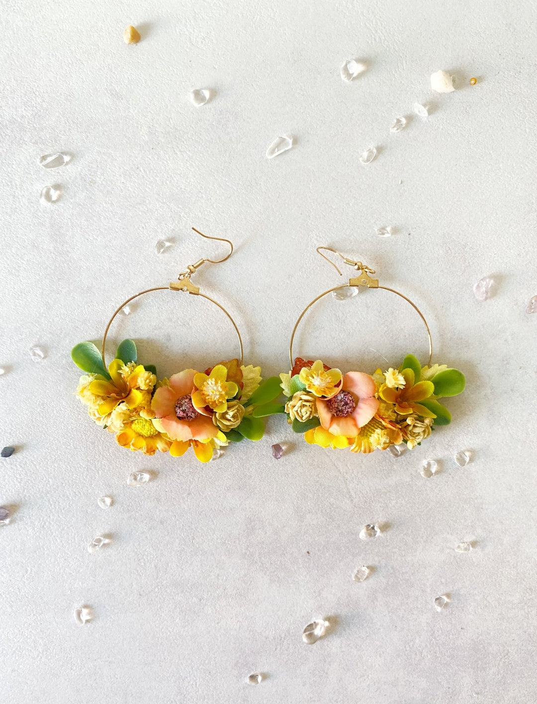 Yellow Floral Circle Earrings – Handmade Bridal Flower Earrings – handmade floral hair accessory by magaela