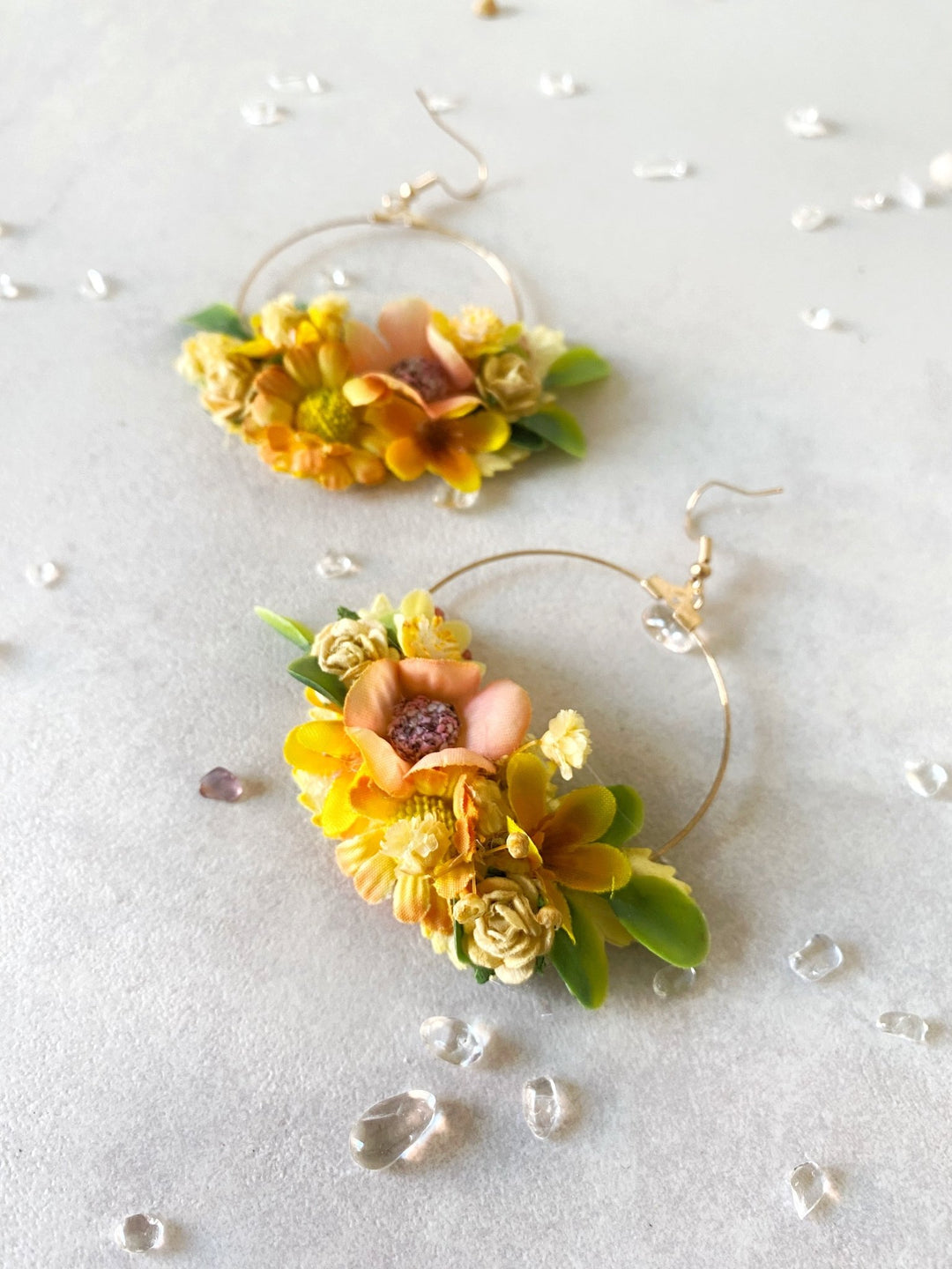 Yellow Floral Circle Earrings – Handmade Bridal Flower Earrings – handmade floral hair accessory by magaela