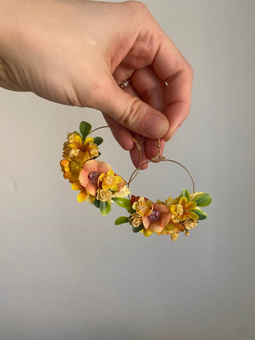 Yellow Floral Circle Earrings – Handmade Bridal Flower Earrings – handmade floral hair accessory by magaela